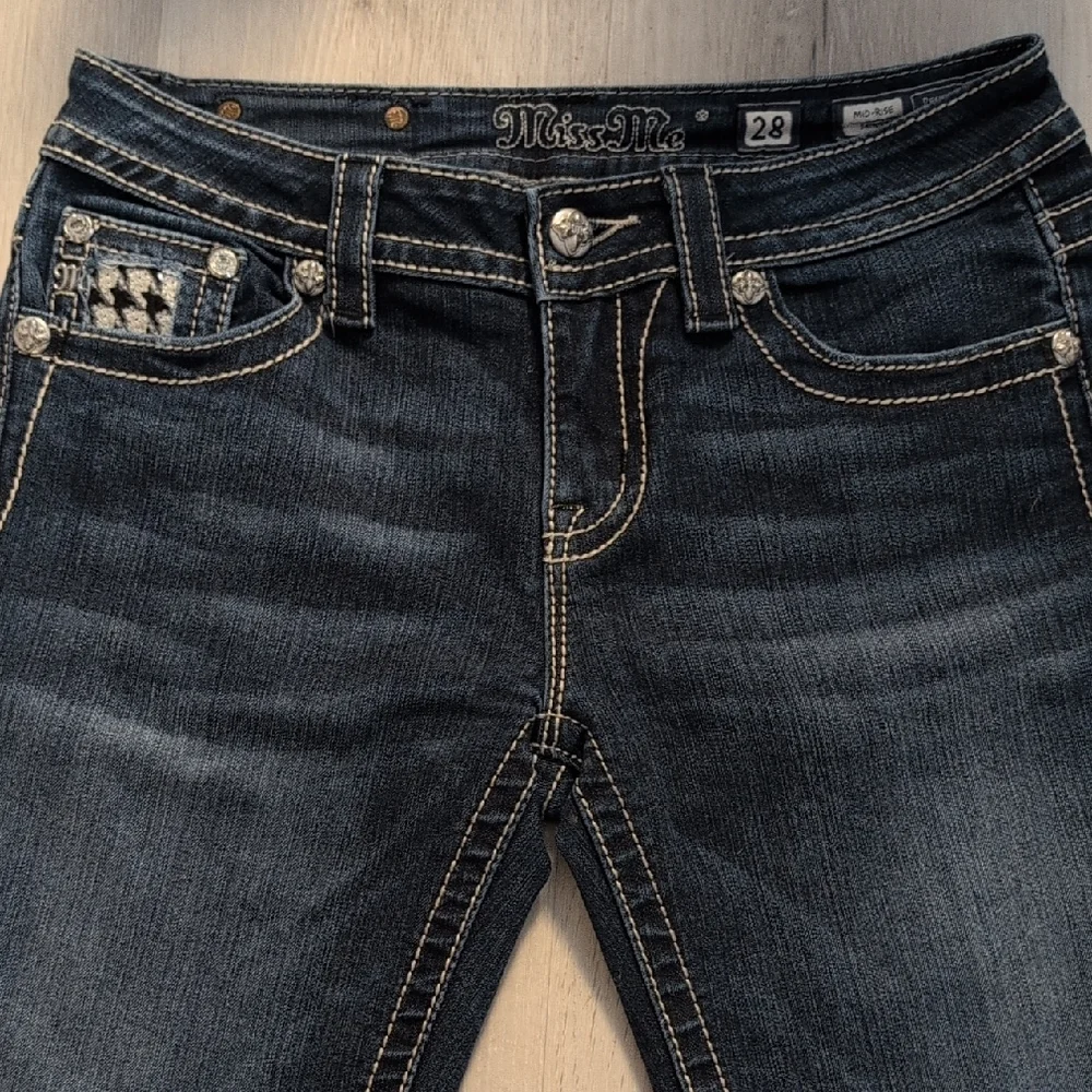 Miss Me Dark Blue Jeans with Black and White Embellishments - Picture 2 of 9